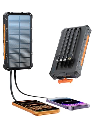 Solar-Charger-Power-Bank - 20000mah Solar Powered Battery Charger Cell Phone,20W Fast Charging Built in Cables,Camping Essentials Portable External Battery Pack Compatible with Mul
