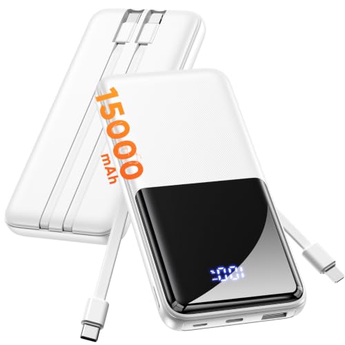 Portable Charger Power Bank, 50% Larger Capacity 15000mAh Battery Pack with Built in Cable, 22.5W Fast Charging Travel Camping Essential Powerbank for iPhone 17 16 Pro iPad Samsung S26 Google etc