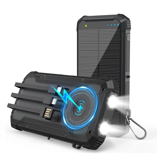 Solar Power Bank 20000mAh Wireless Portable Charger Built-in 3 Cables 15W USB-C Fast Charging Black Battery Pack Compatible with iPhone, Samsung, Emergency LED Flashlights Perfect for Camping, Hiking