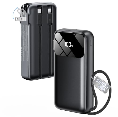 Portable Charger 50000mAh, Power Bank with Built-in Cables & Wall Plug