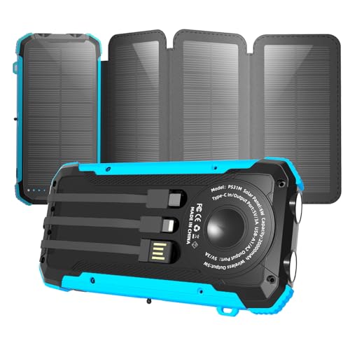 Solar Power Bank 20000mAh Portable Wireless Charger 15W USB-C Fast Charging External Battery Pack Compatible with iPhone, iPad, Samsung More, Dual LED Flashlights Perfect for Camping, Hiking, Outdoor