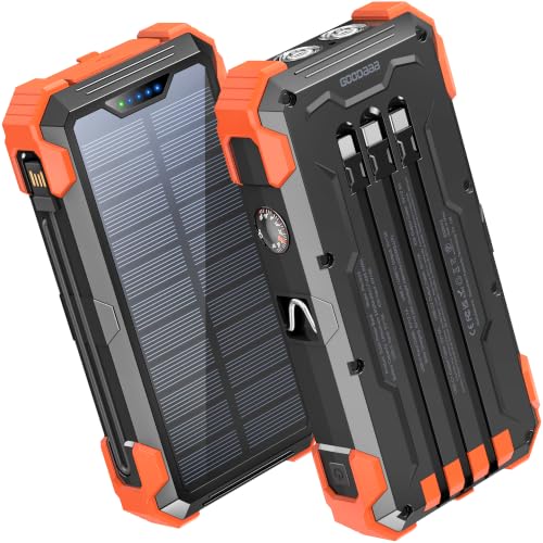 GOODaaa Solar Power Bank 24000mAh, Portable Charger with 4 Built-in Cables, 15W Fast Charging 5 Outputs 2 Inputs Battery Pack, Thermometer & SOS Flashlight for iPhone 17/16, Samsung, All Cell Phones