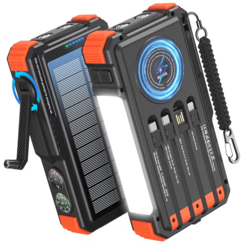 BLAVOR Solar Power Bank with Hand Crank and 4 Cables, 20000mAh Wireless Portable Charger with USB C & Camping Light, 20W Fast Charging Battery Pack for iPhone, iPad, Samsung, All Mobile Phones